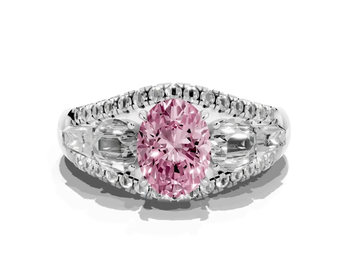 Fancy Pink Three-Stone Oval Cut Diamond Engagement Ring with Pave Band and Prong Setting Silver