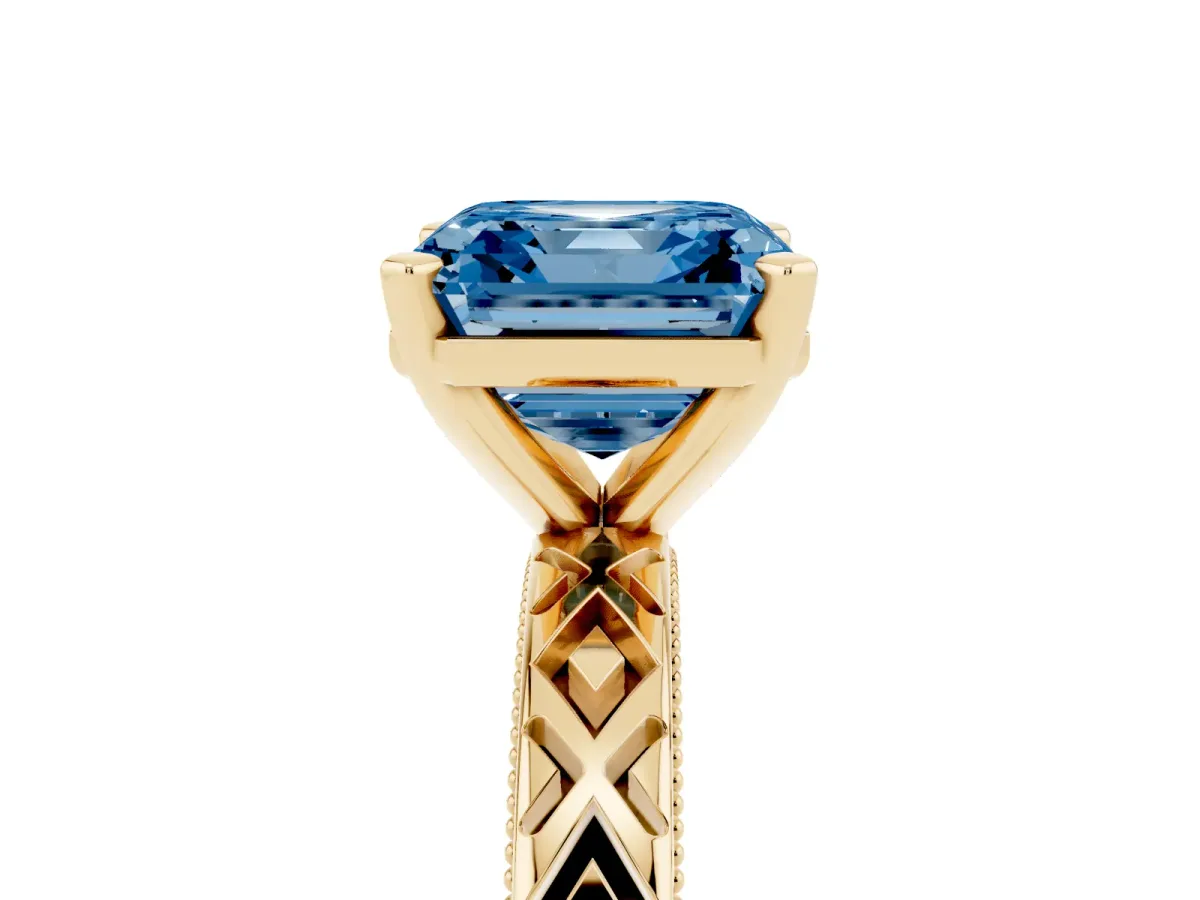 Fancy Blue Asscher Cut Solitaire Diamond Ring with Milgrain and Black Enamel X Pattern Band Yellow gold
