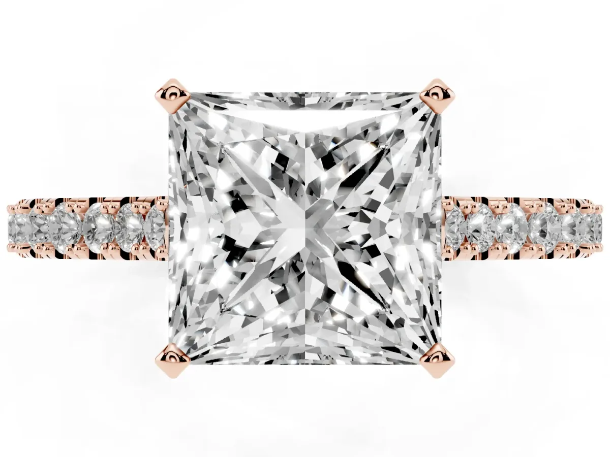 Princess Cut Cut Solitaire Diamond Engagement Ring with Pave Band and Four-Prong Setting Rose gold