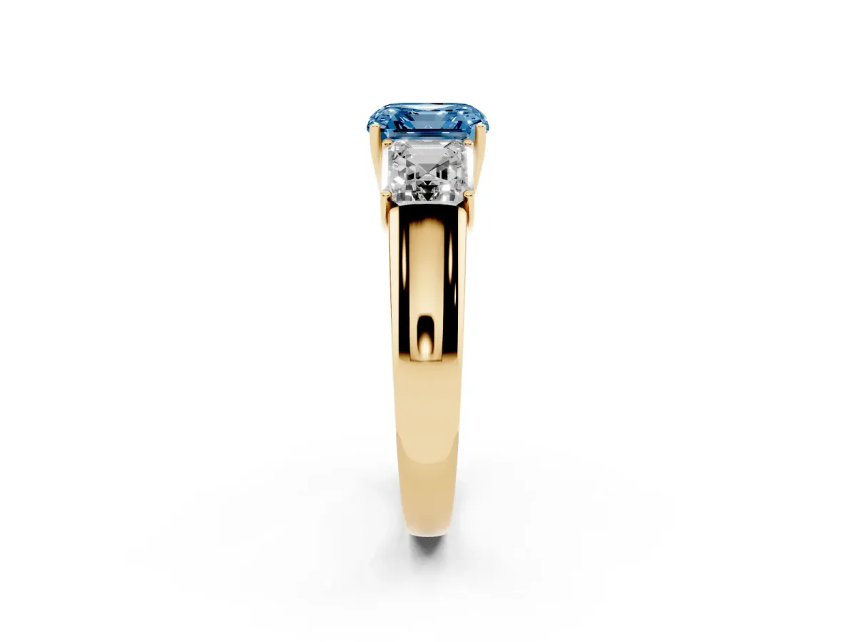 Fancy Blue Three-Stone Asscher Cut Cut Diamond Ring with Prong Setting and Classic Band Yellow gold