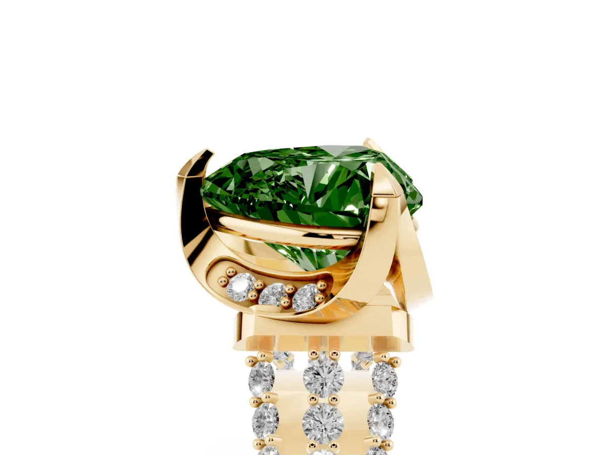 Fancy Green Heart Cut Solitaire Pave Split Shank Ring with Four-Prong Setting Yellow gold