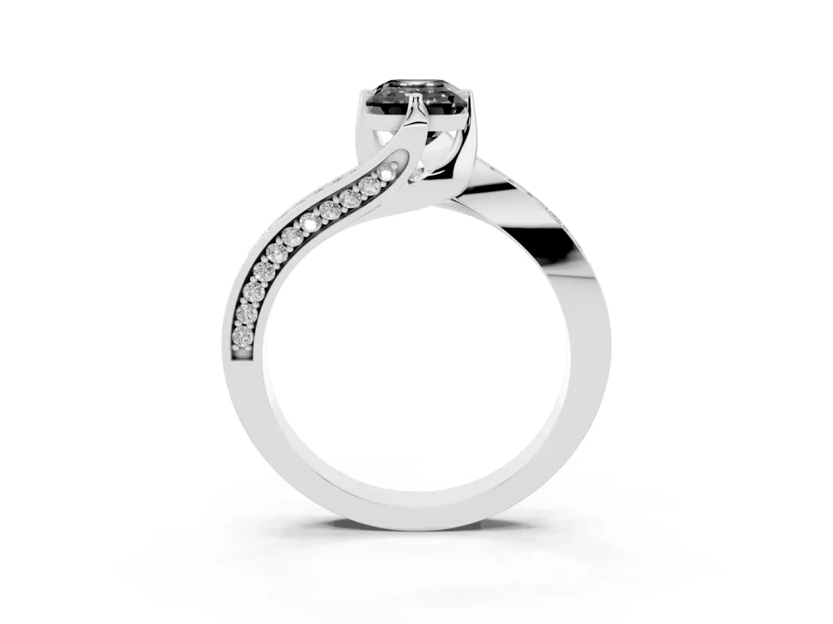 Fancy Black Emerald Cut Solitaire Diamond Twist Band with Pavé Setting and Four-Prong Setting Silver