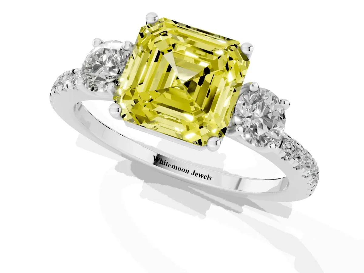 Fancy Yellow Three-Stone Asscher Cut Cut Diamond Pavé Band with Prong Setting Silver