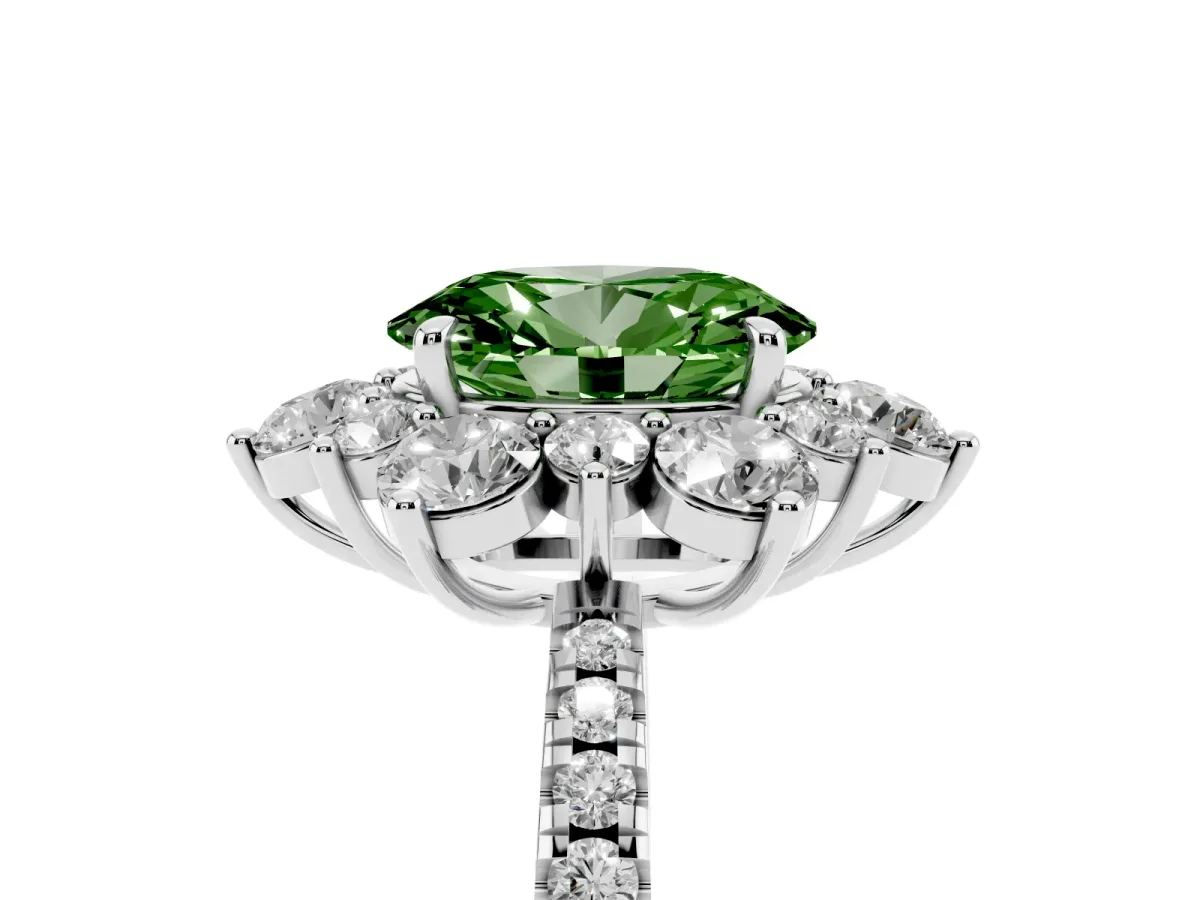 Fancy Green Oval Cut Diamond Floral Halo Ring with Round Pavé Band and Prong Setting White gold