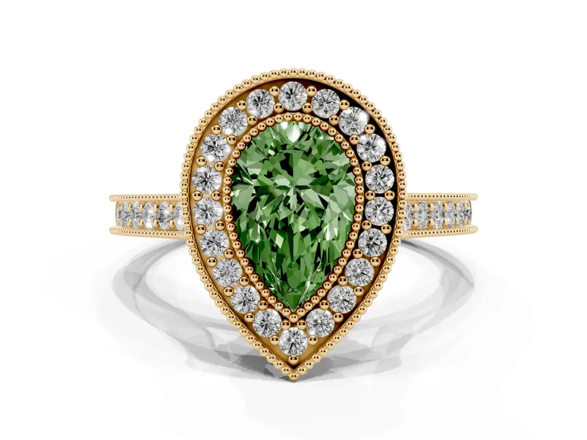 Fancy Green Halo Pear Cut-Cut Diamond Pave Band Milgrain Prong Setting Ring Yellow gold
