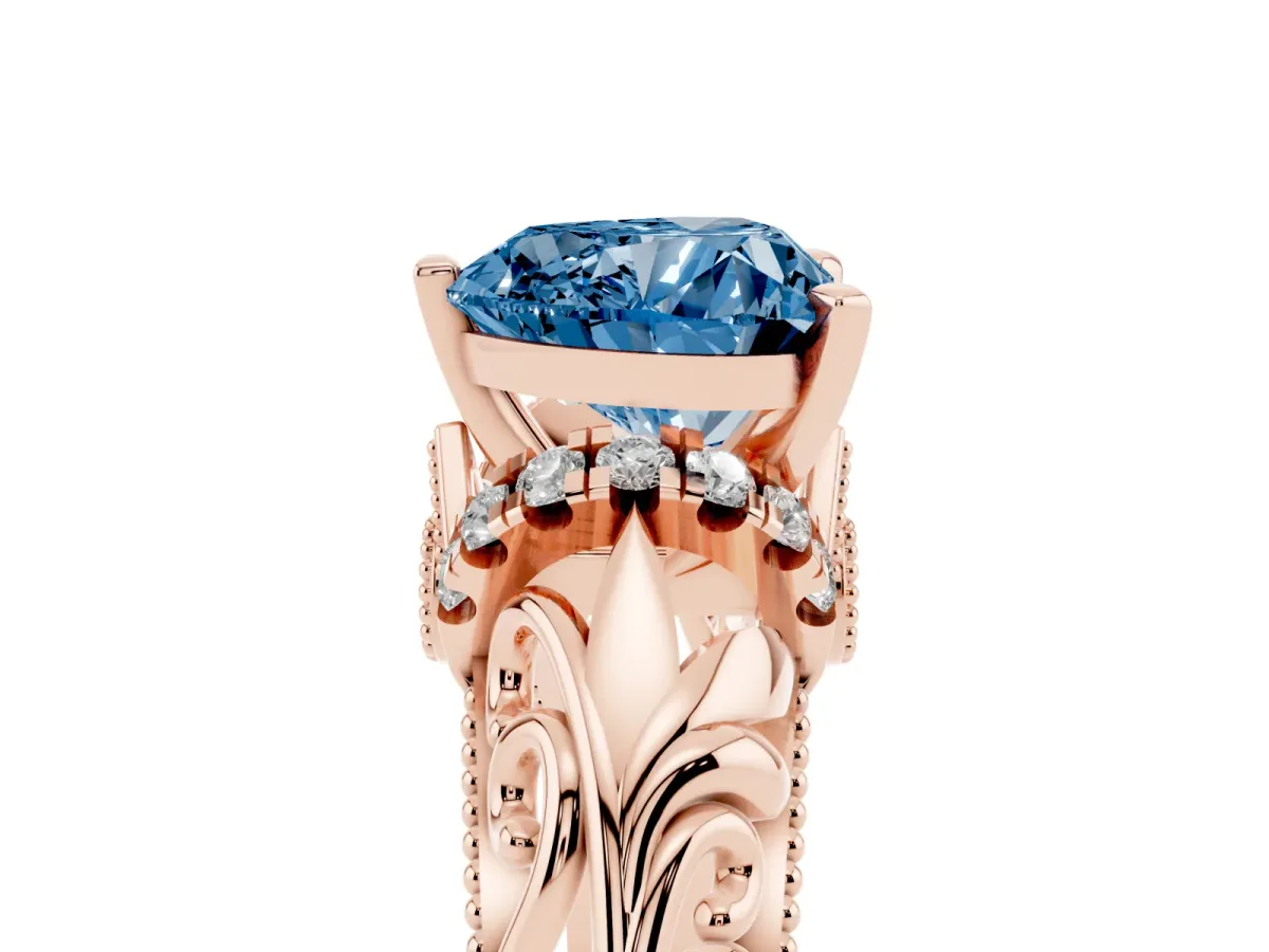 Fancy Blue Heart Cut Solitaire Filigree Engagement Ring with Halo and Prong Setting Rose gold