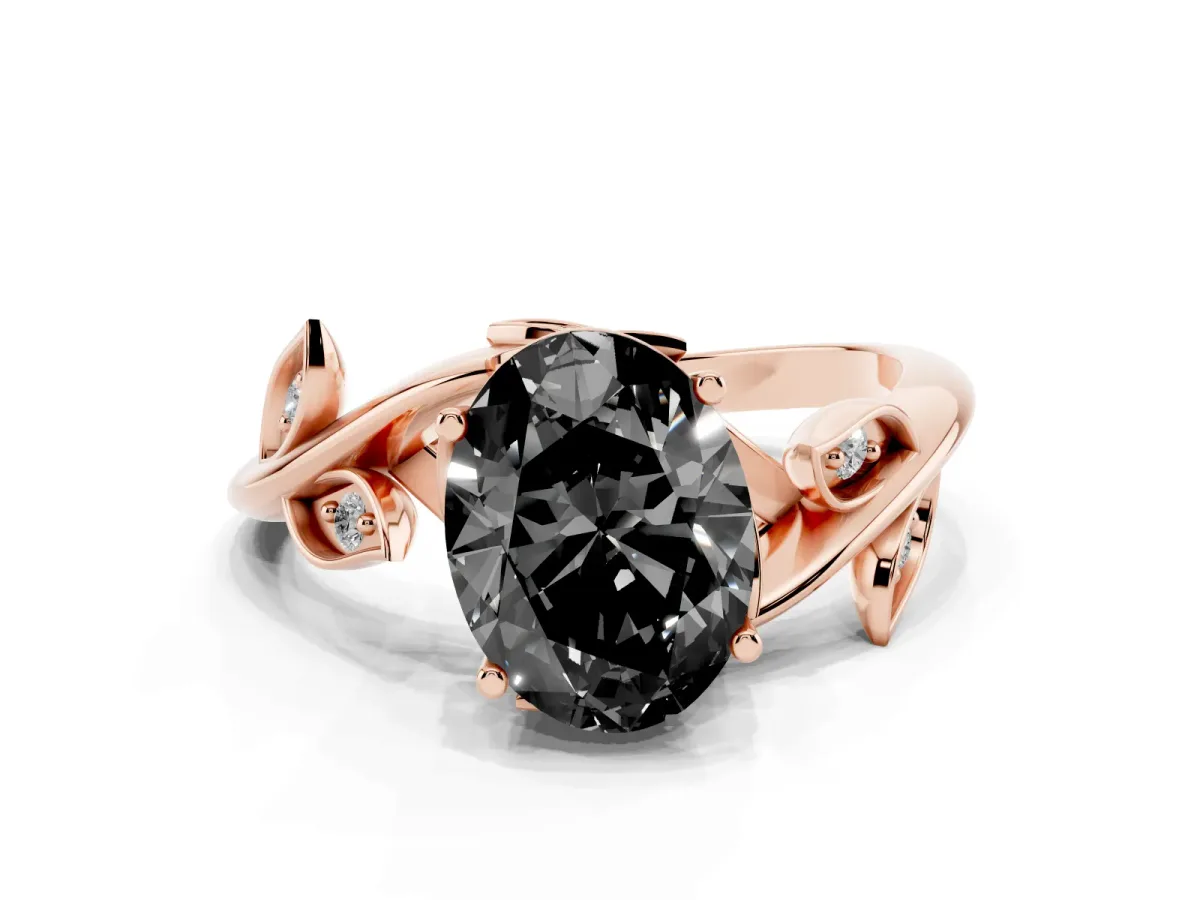 Fancy Black Oval Cut Solitaire Twist Engagement Ring with Leaf Accents and Prong Setting Rose gold
