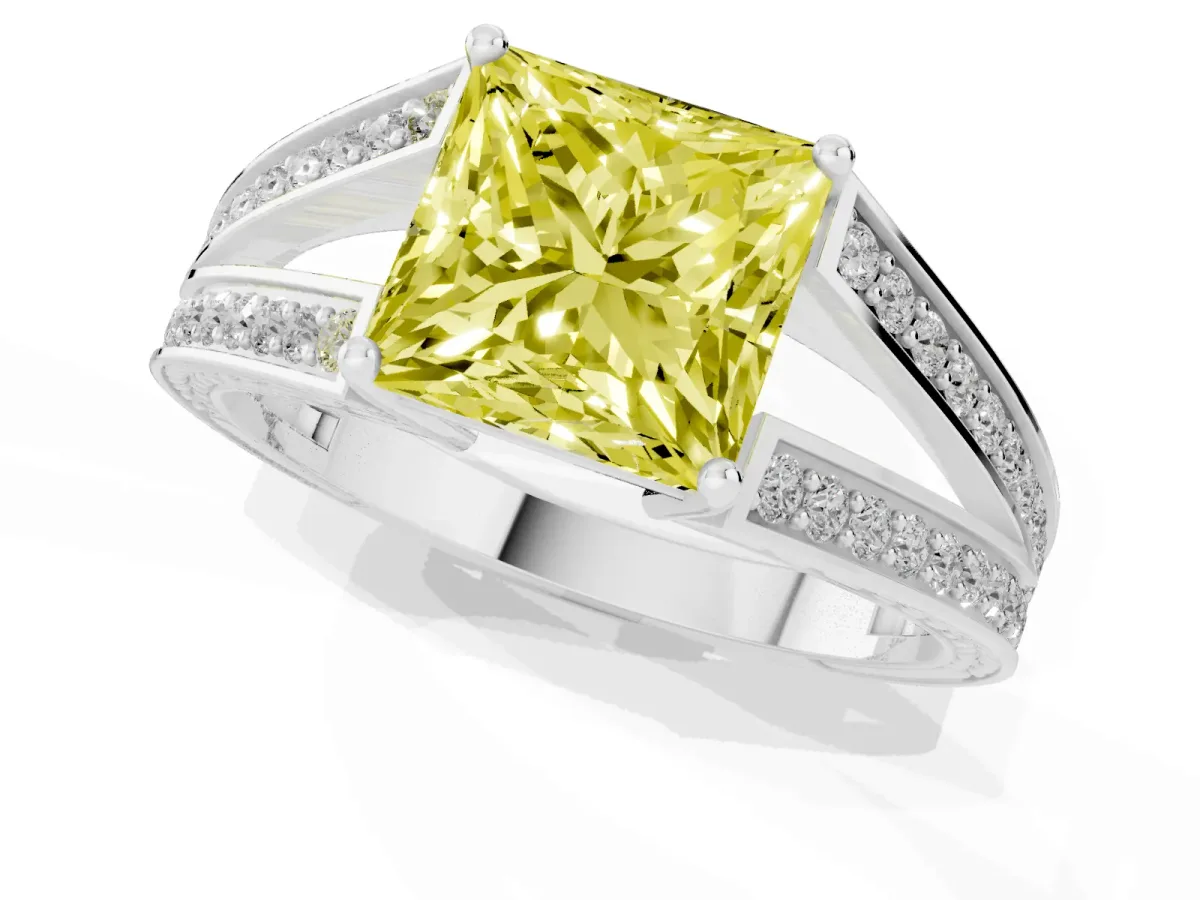 Fancy Yellow Princess Cut Diamond Split Shank Ring with Pavé Band and Four-Prong Setting White gold