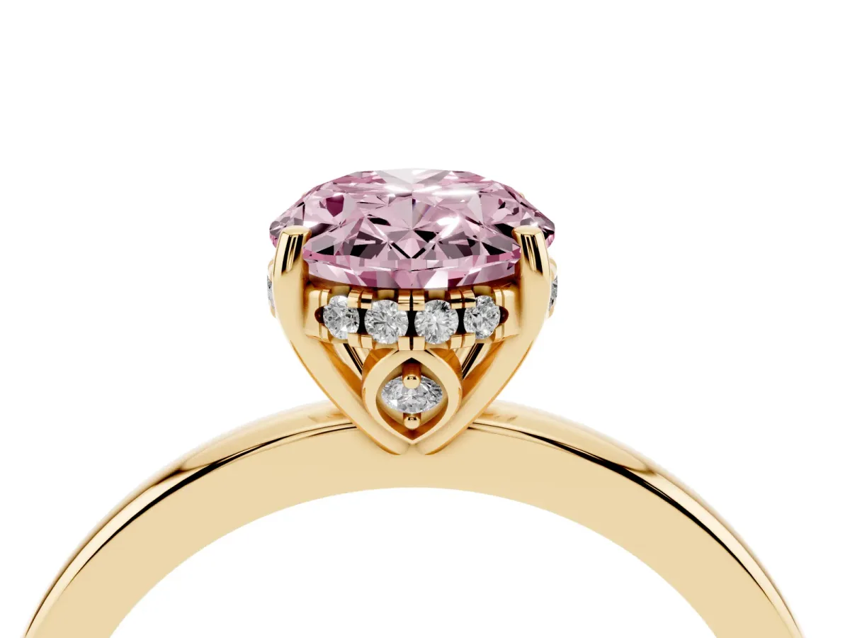 Fancy Pink Oval Cut Solitaire Diamond Ring with Prong Setting and Plain Band Yellow gold