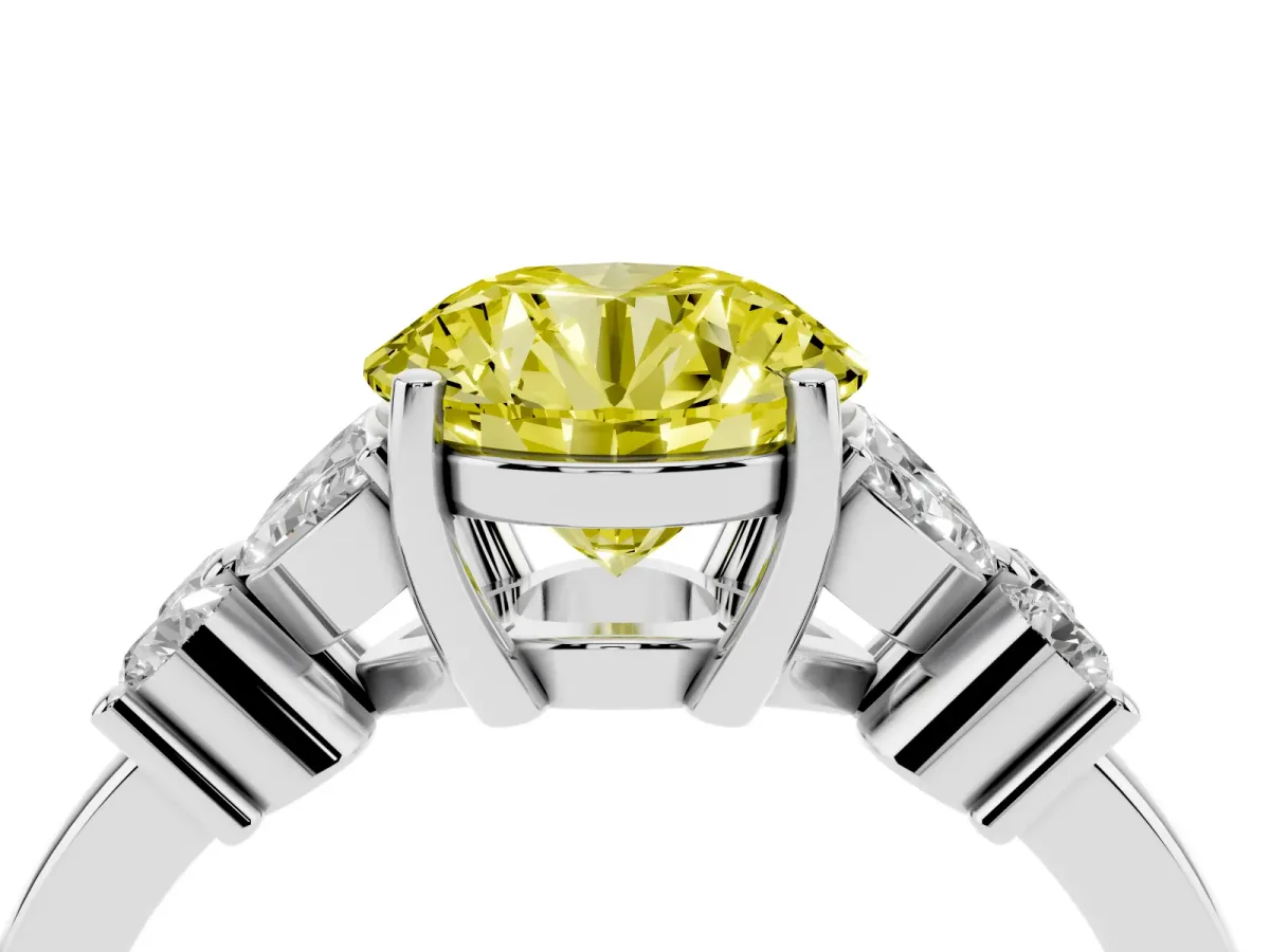 Fancy Yellow Round Cut Diamond Floral Cluster Ring with Solitaire Band and Prong Setting Platinum