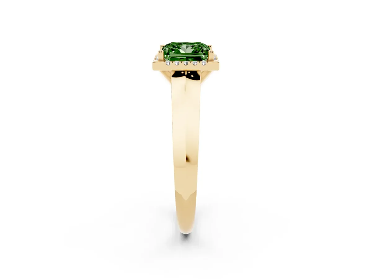 Fancy Green Princess Cut Halo Diamond Ring with Cathedral Band and Four-Prong Setting Yellow gold
