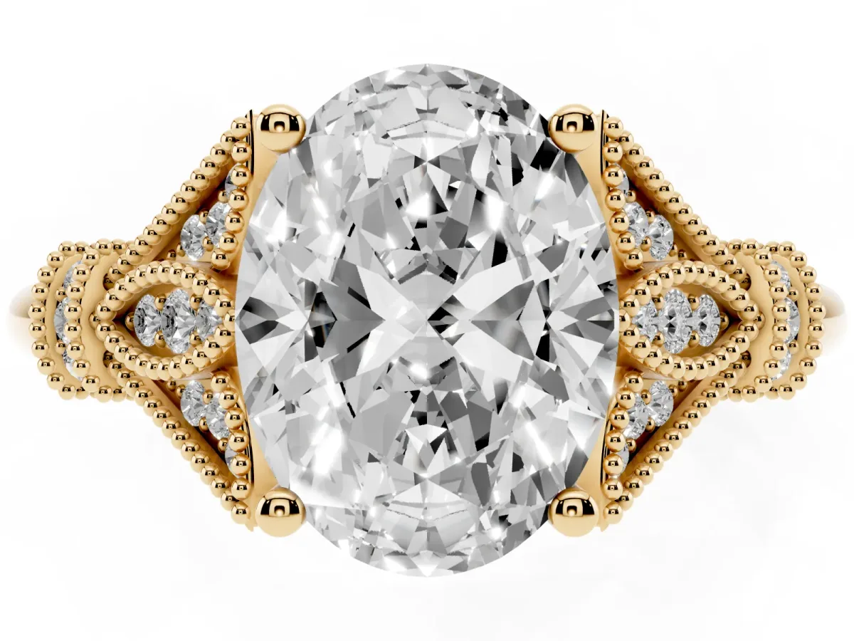 Oval Cut Diamond Solitaire Ring with Floral Filigree and Pave Accents Yellow gold