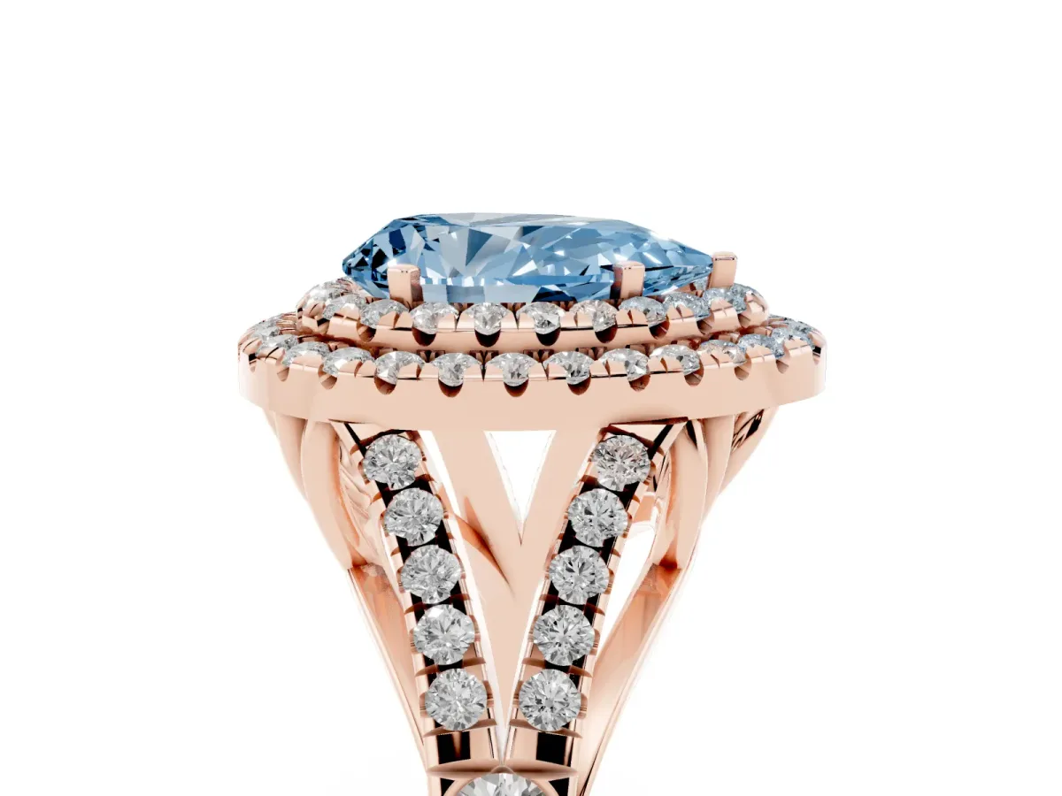 Fancy Blue Double Halo Pear Cut Diamond Split Shank Engagement Ring with Four-Prong Setting Rose gold
