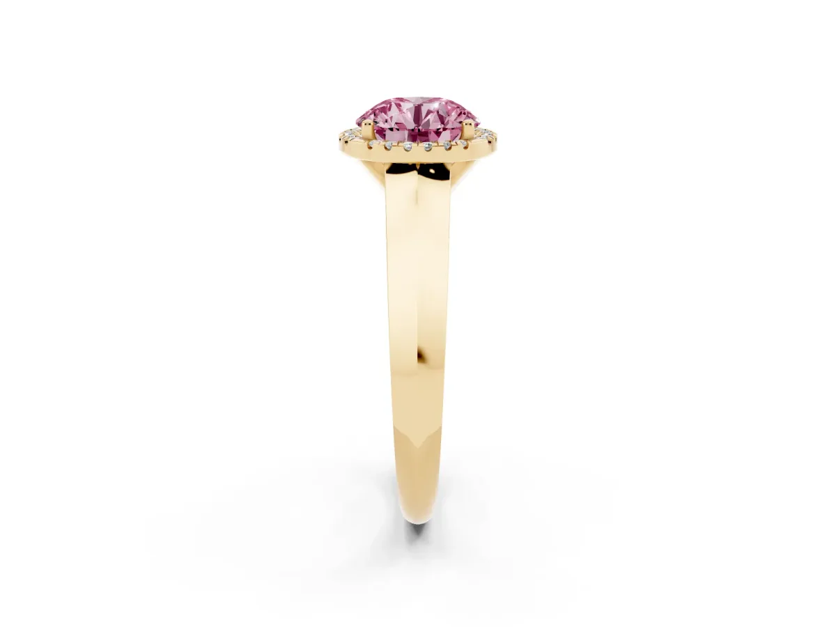 Fancy Pink Round Cut Halo Diamond Ring with Cathedral Band and Four-Prong Setting Yellow gold