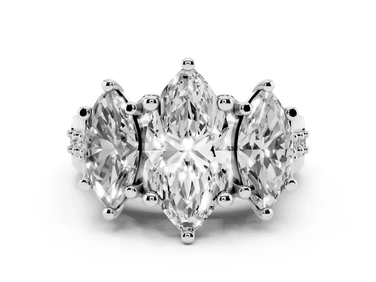 Marquise Cut Diamond Three-Stone Ring with Channel Set Band and Four-Prong Setting Silver