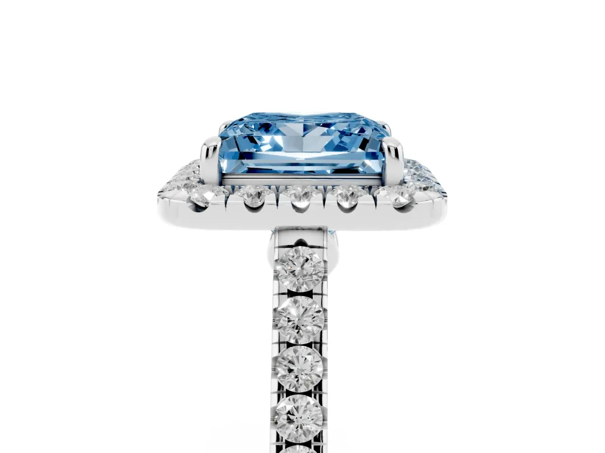 Fancy Blue Princess Cut Halo Pave Diamond Engagement Ring with Four-Prong Setting Platinum
