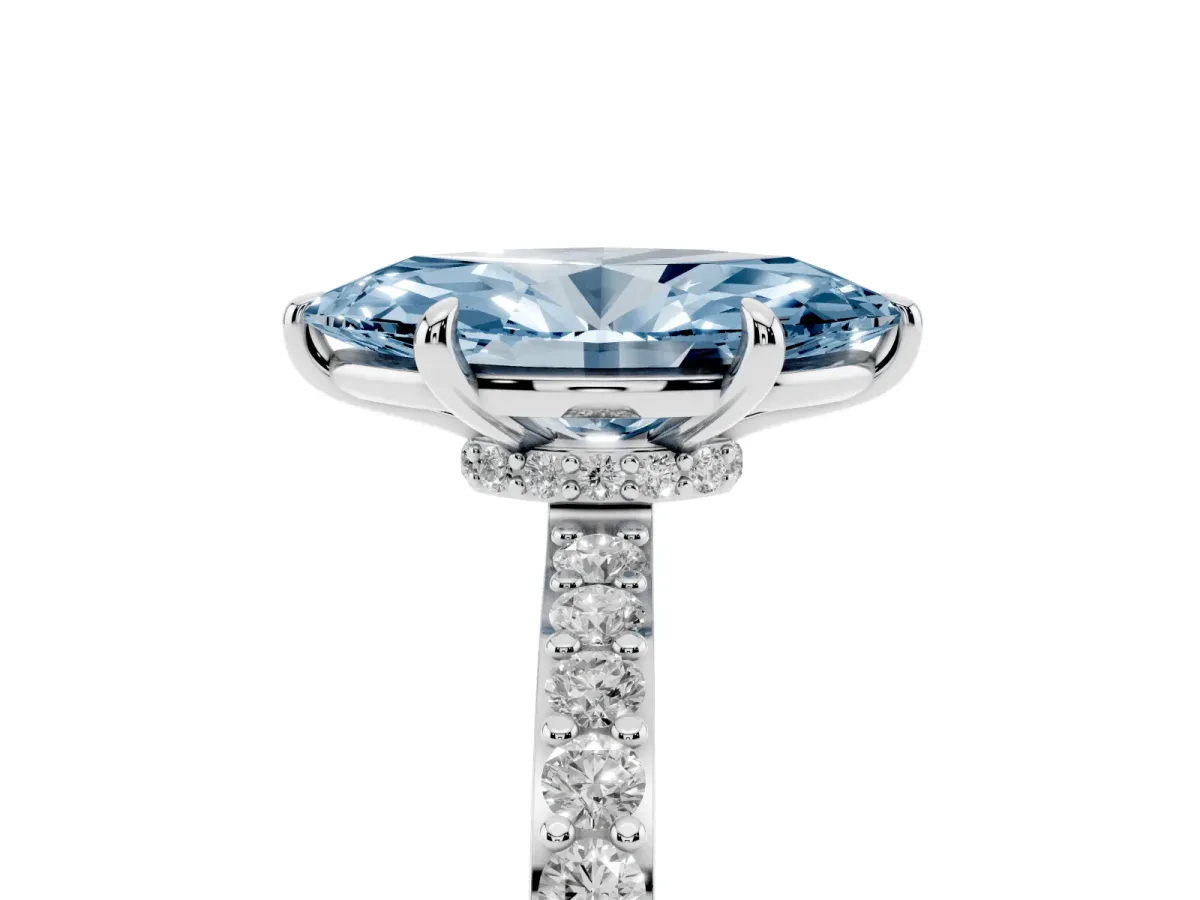 Fancy Blue Marquise Cut Diamond Pavé Engagement Ring with Round Accents and Prong Setting White gold