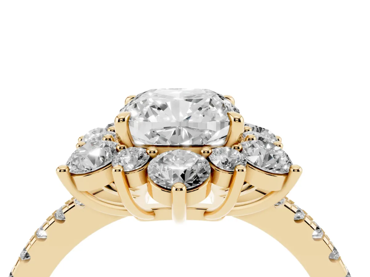 Cushion Cut Diamond Floral Halo Ring with Round Pavé Band and Prong Setting Yellow gold