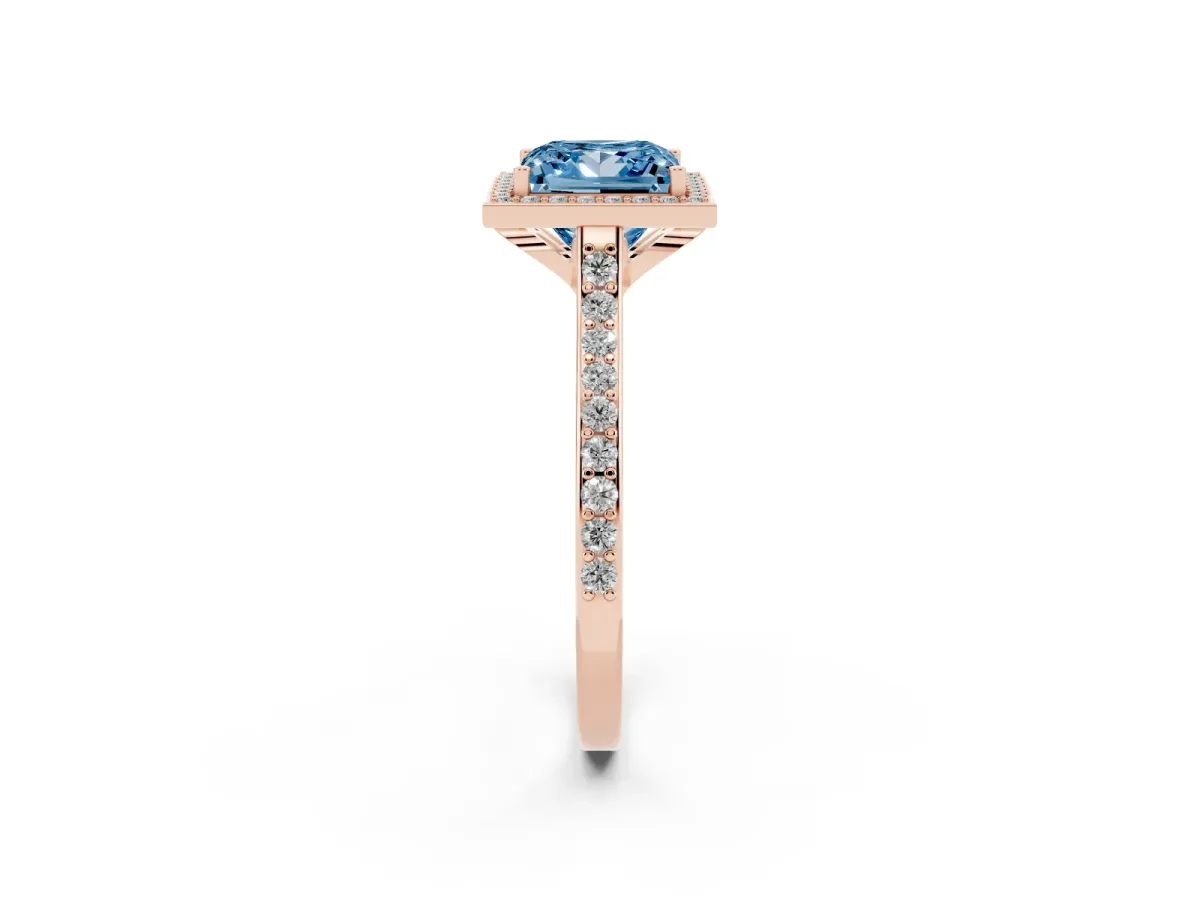 Fancy Blue Princess Cut Diamond Halo Engagement Ring with Round Pavé Shoulders and Prong Setting Rose gold