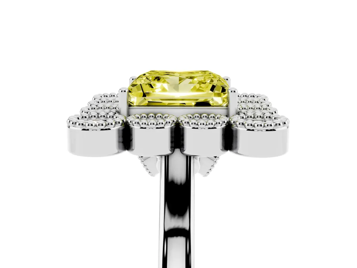 Fancy Yellow Princess Cut Halo Diamond Cluster Engagement Ring with Milgrain Bezel Setting and Solitaire Band Silver