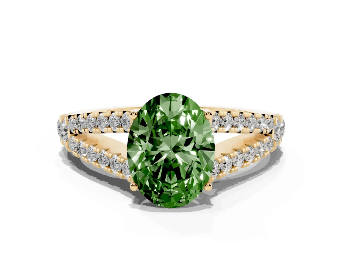 Fancy Green Oval Cut Diamond Split Shank Pavé Engagement Ring with Four-Prong Setting Yellow gold