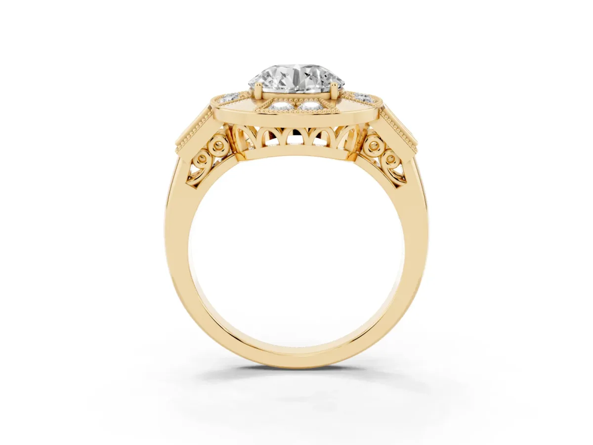 Milgrain Round Cut Diamond Halo Split Shank Ring Yellow gold
