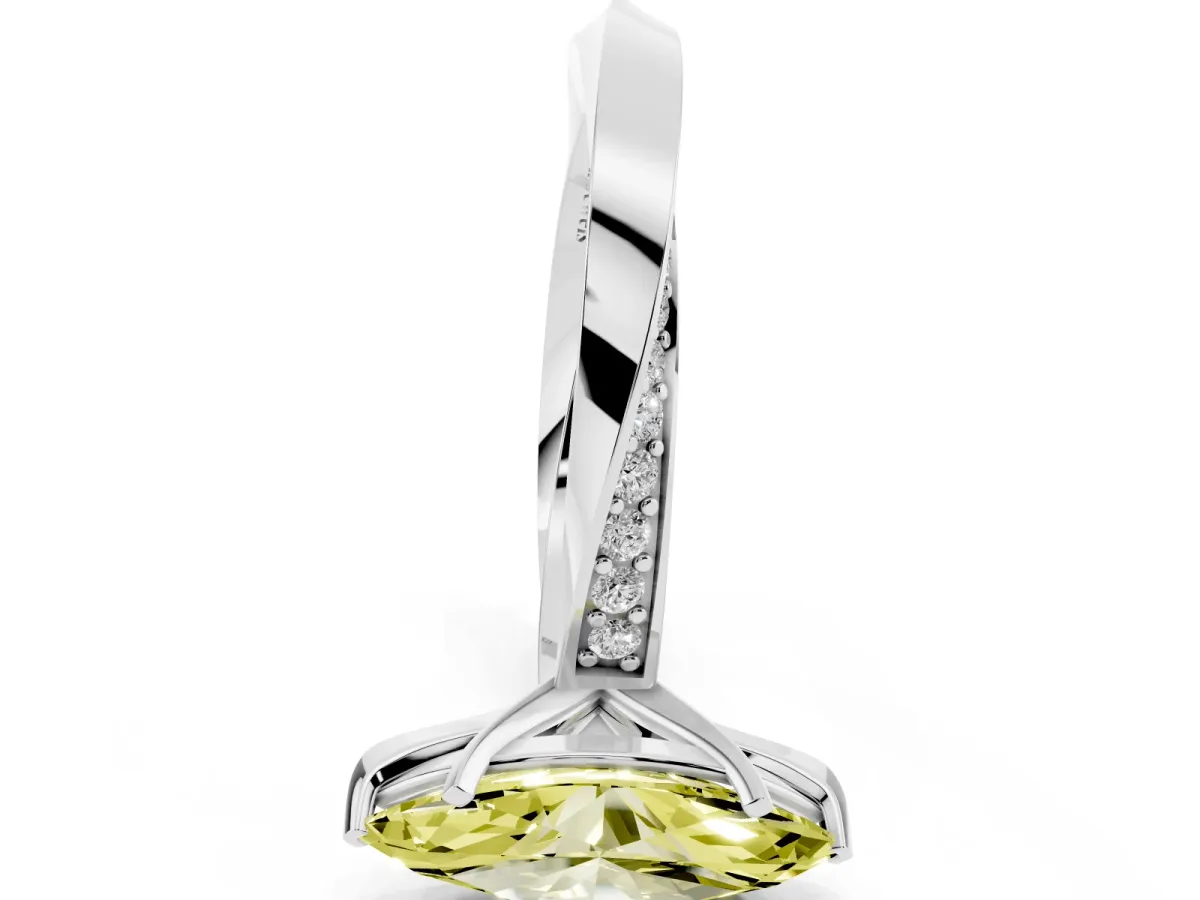 Fancy Yellow Marquise Cut Diamond Engagement Ring with Side Stone Accents and Four-Prong Setting Silver