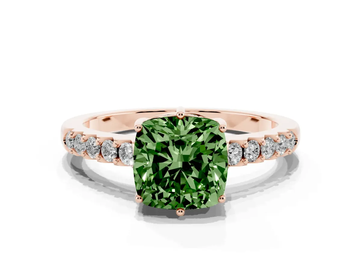Fancy Green Cushion Cut Solitaire Diamond Engagement Ring with Pavé Band and Six-Prong Setting Rose gold