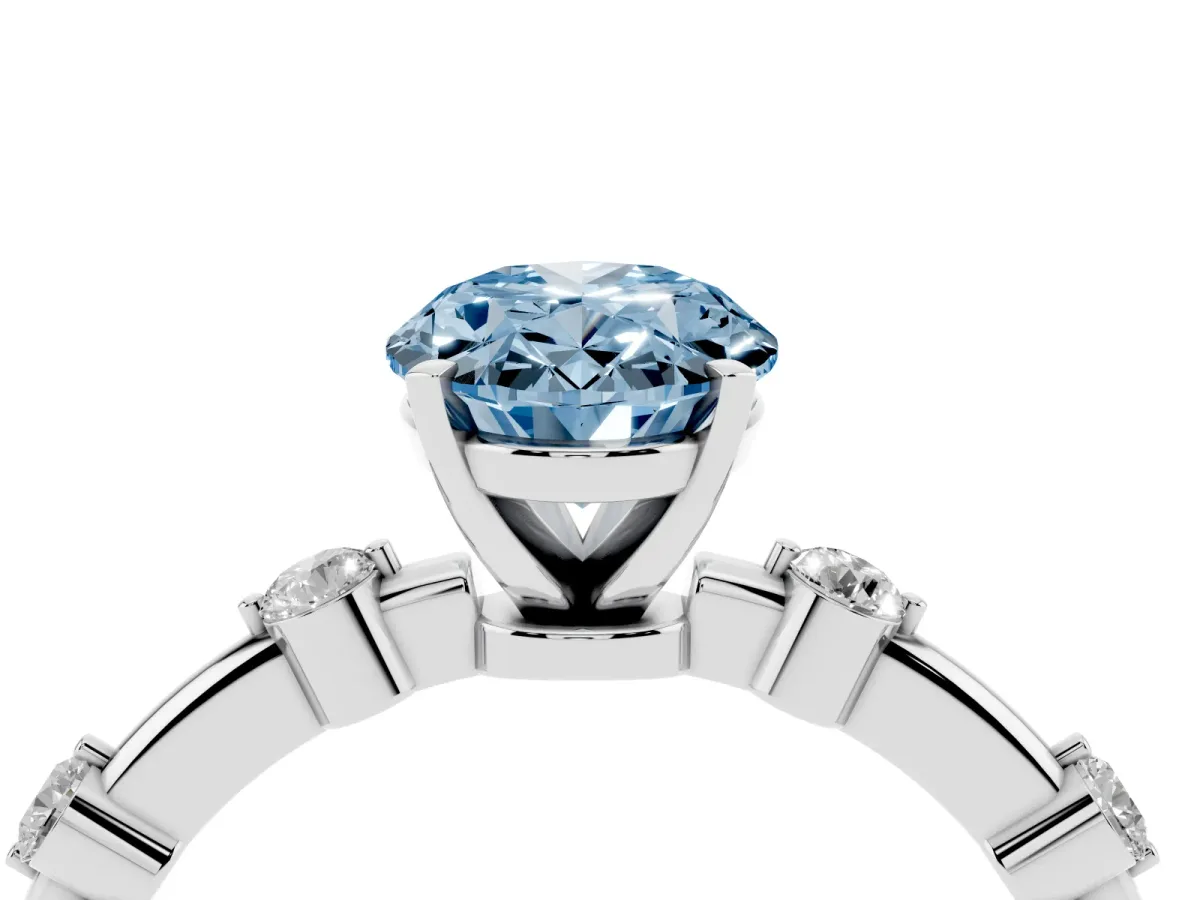 Fancy Blue Oval Cut Solitaire Diamond Ring with Bezel Set Side Stones and Prong Setting Silver