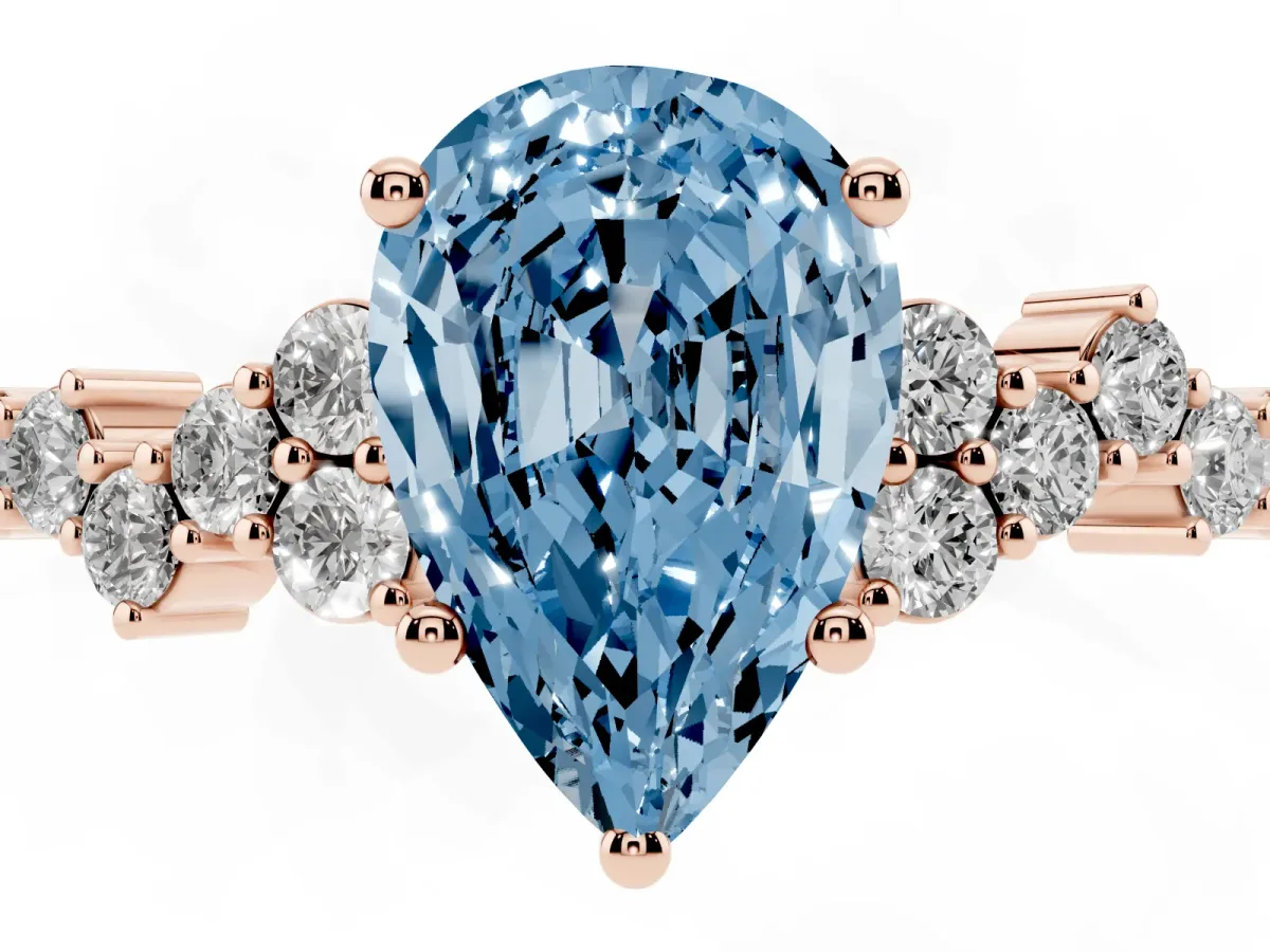 Fancy Blue Pear Cut Diamond Scattered Round Accent Ring with Prong Setting Rose gold