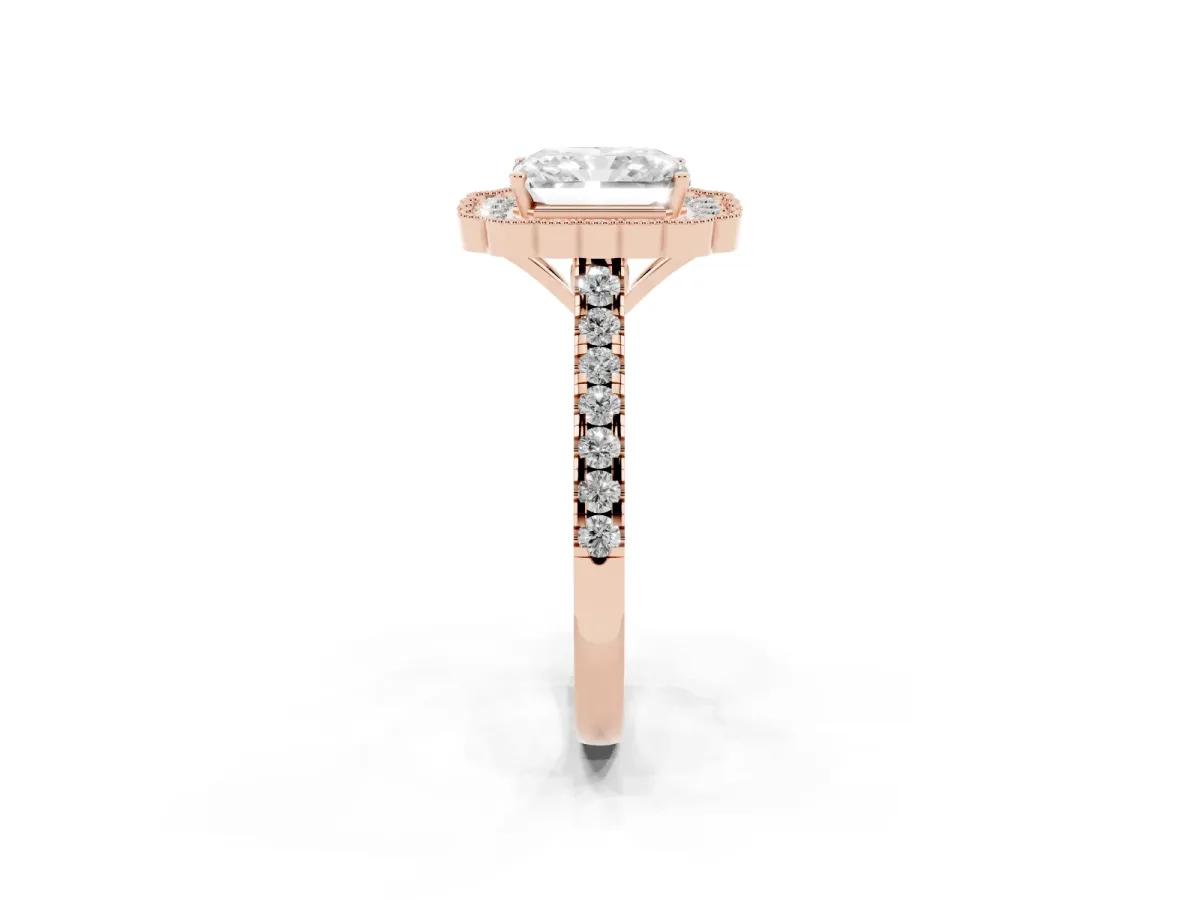 Radiant Cut Cut Diamond Milgrain Floral Halo Engagement Ring with Pavé Band Rose gold
