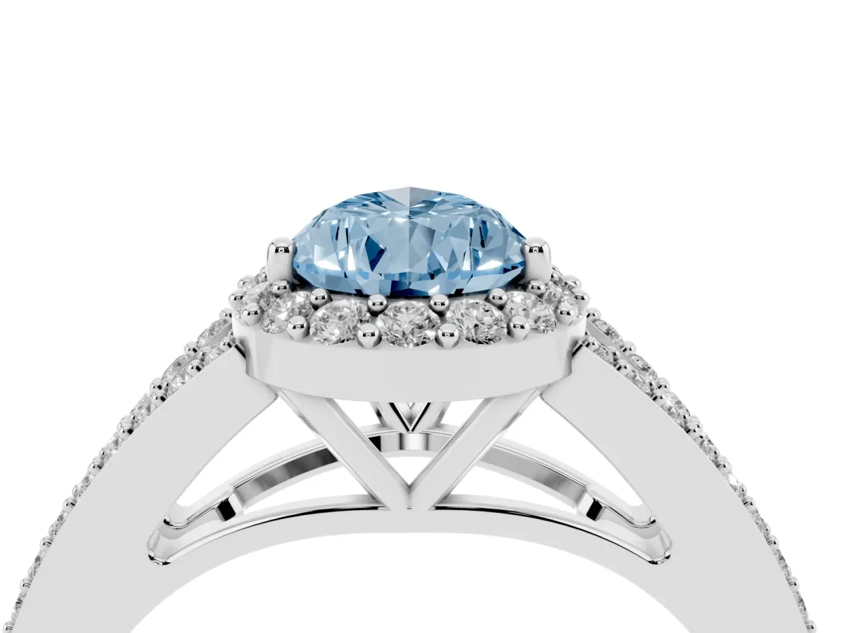 Fancy Blue Pear Cut Halo Split Shank Diamond Ring with Prong Setting Platinum