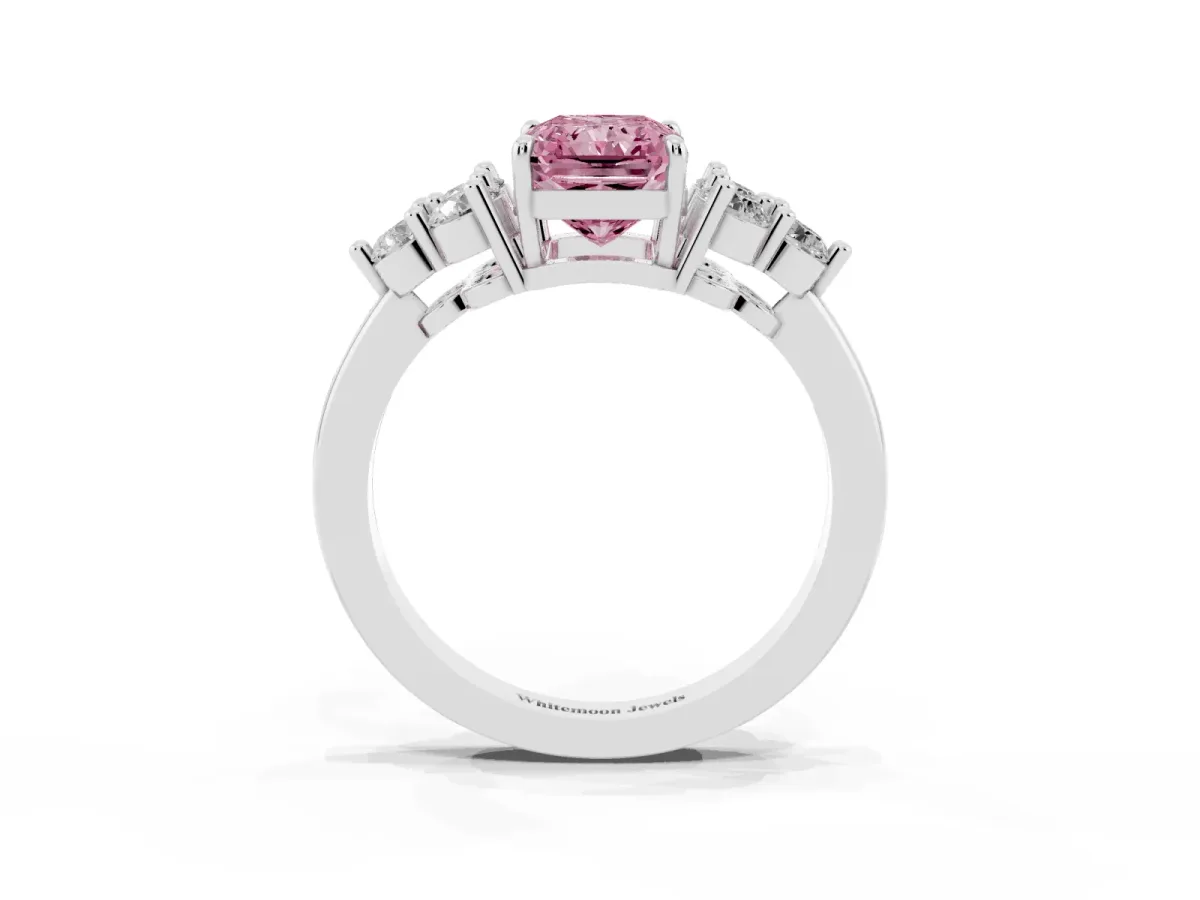 Fancy Pink Radiant Cut Brilliant Diamond Cluster Accent Solitaire Ring with Prong Setting Silver