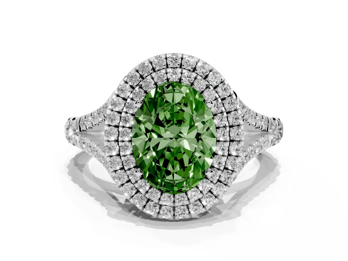 Fancy Green Oval Cut Cut Double Halo Split Shank Diamond Ring with Prong Setting Silver