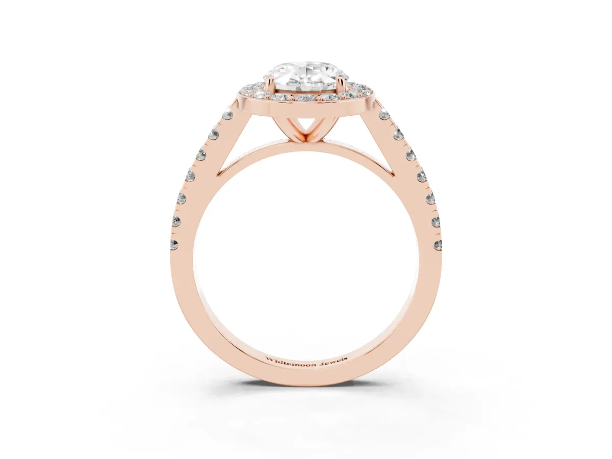 Oval Cut Diamond Halo Ring with Round Pavé Split Shank and Prong Setting Rose gold
