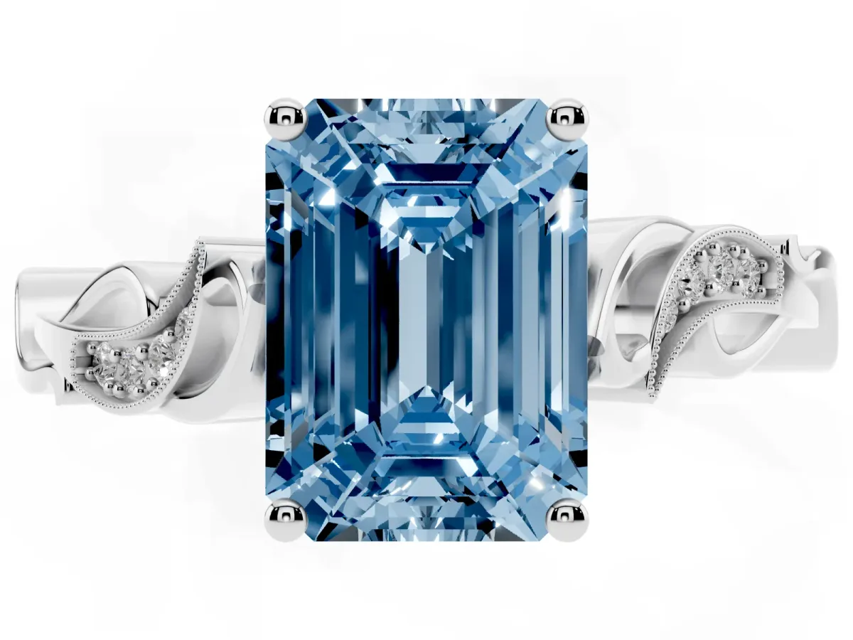 Fancy Blue Emerald Cut Solitaire Vine Band with Milgrain Prong Setting Platinum