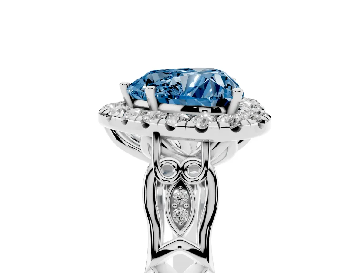 Fancy Blue Heart Cut Halo Diamond Engagement Ring with Filigree Band and Four-Prong Setting Silver
