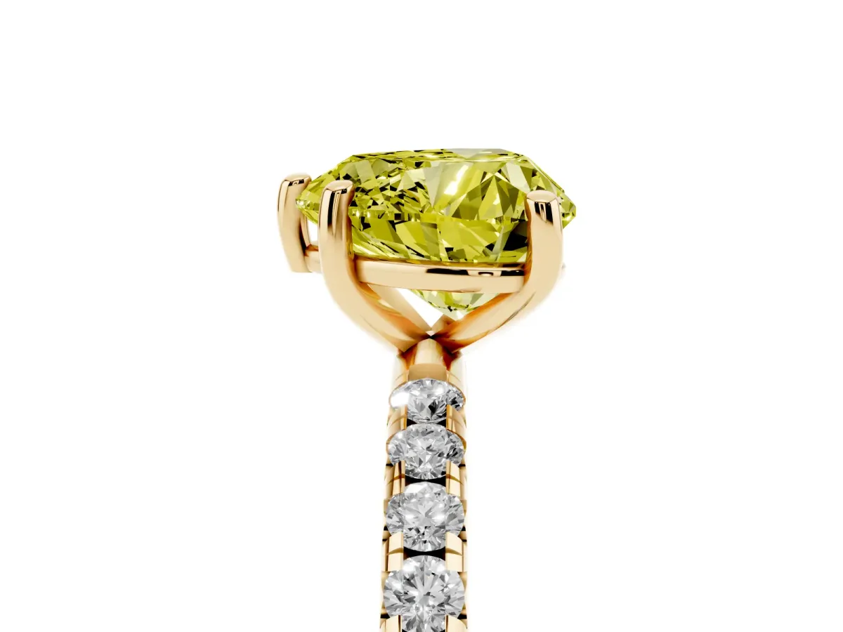 Fancy Yellow Heart Cut Cut Diamond Solitaire Ring with Micro Pave Band and Four Prong Setting Yellow gold