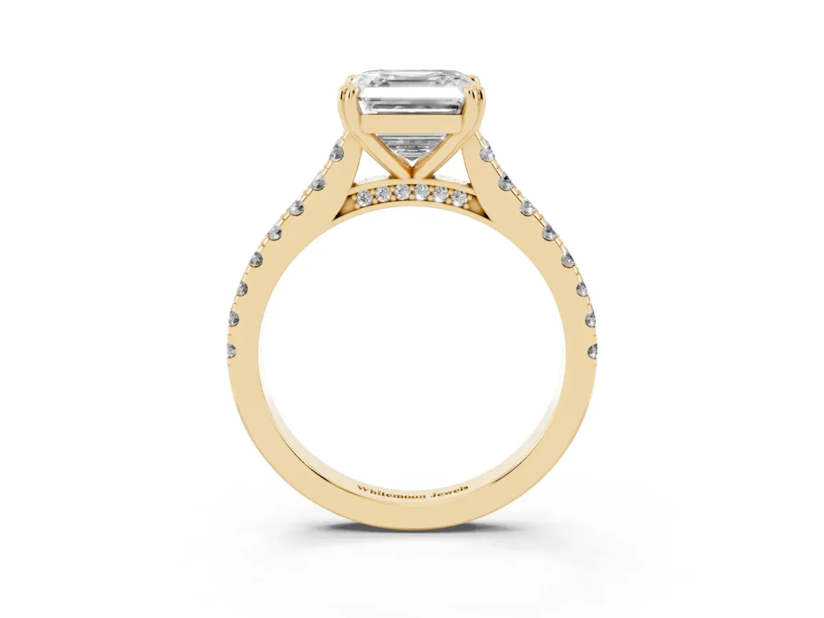 Asscher Cut Solitaire Pave Diamond Engagement Ring with Prong Setting Yellow gold