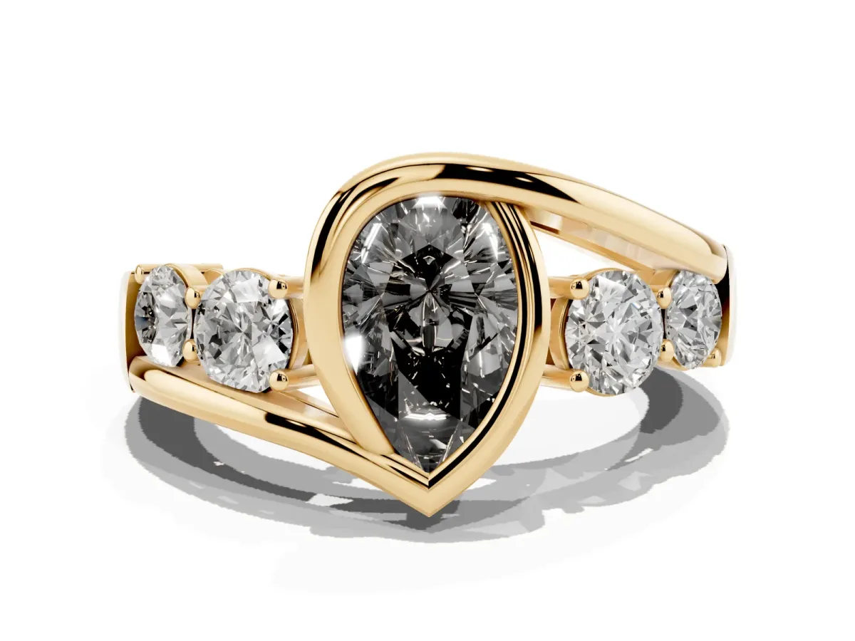 Fancy Black Bezel Set Pear Cut Diamond Bypass Ring with Round Accents Yellow gold