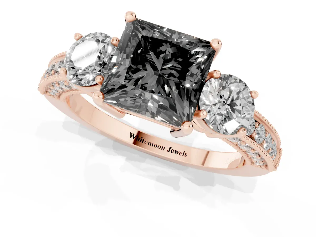 Fancy Black Princess Cut Three-Stone Diamond Ring with Pavé Band and Four-Prong Setting Rose gold