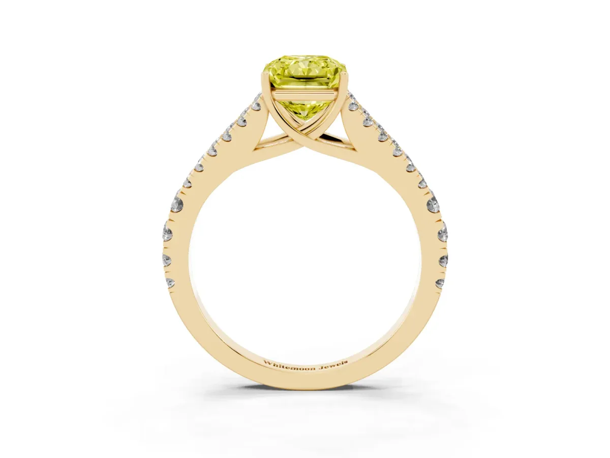 Fancy Yellow Radiant Cut Diamond Split Shank Pavé Engagement Ring with Four-Prong Setting Yellow gold