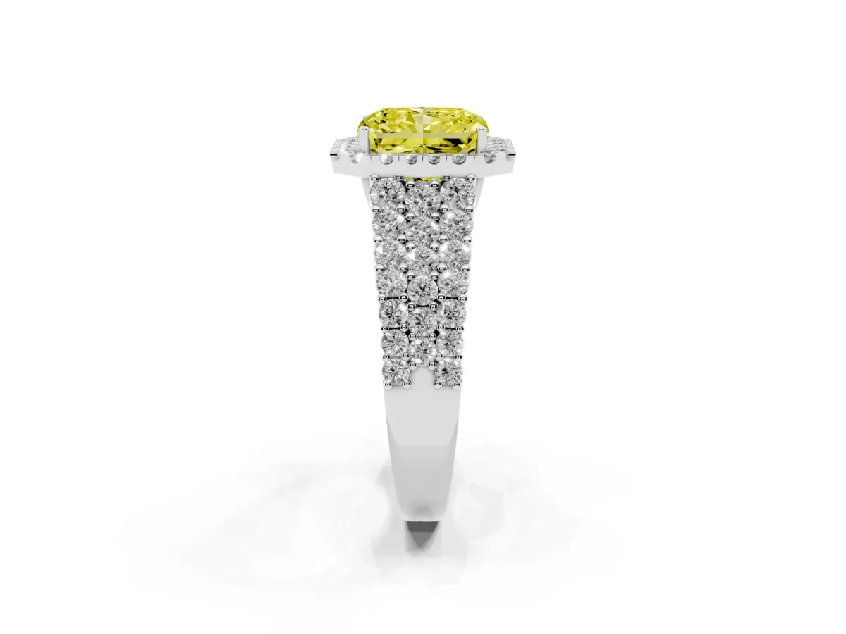 Fancy Yellow Radiant Cut Diamond Halo Engagement Ring with Triple Row Round Pavé Band and Prong Setting Platinum