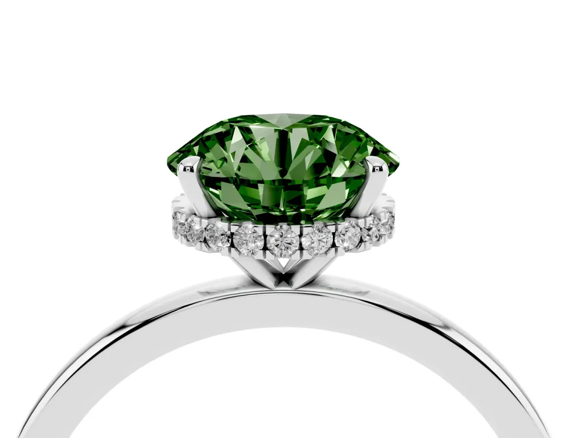 Fancy Green Round Cut Solitaire Engagement Ring with Cathedral Band and Four-Prong Setting White gold