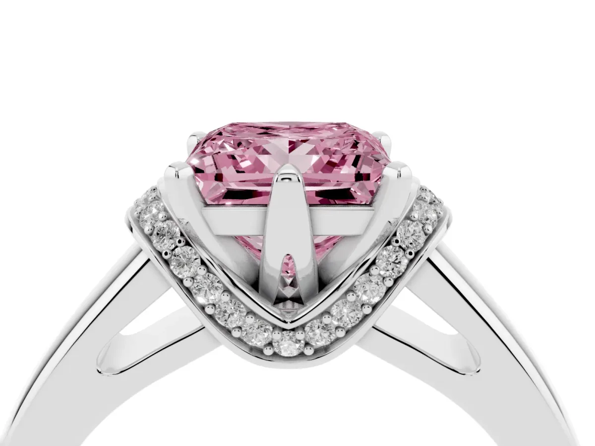 Fancy Pink Princess Cut Solitaire Diamond Ring with Pave Band and Six-Prong Setting White gold