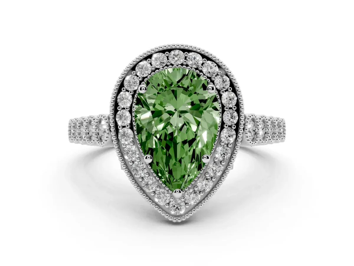 Fancy Green Pear Cut Halo Twist Band Solitaire Ring with Six-Prong Setting Silver