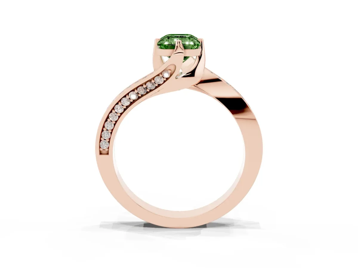 Fancy Green Emerald Cut Solitaire Diamond Twist Band with Pavé Setting and Four-Prong Setting Rose gold