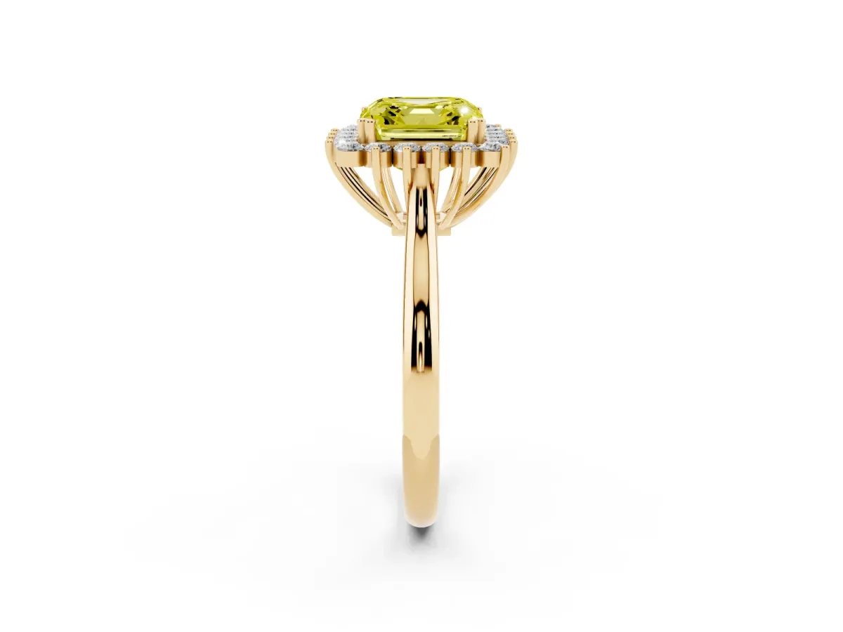 Fancy Yellow Asscher Cut Cut Diamond Halo Ring with Solitaire Band and Prong Setting Yellow gold