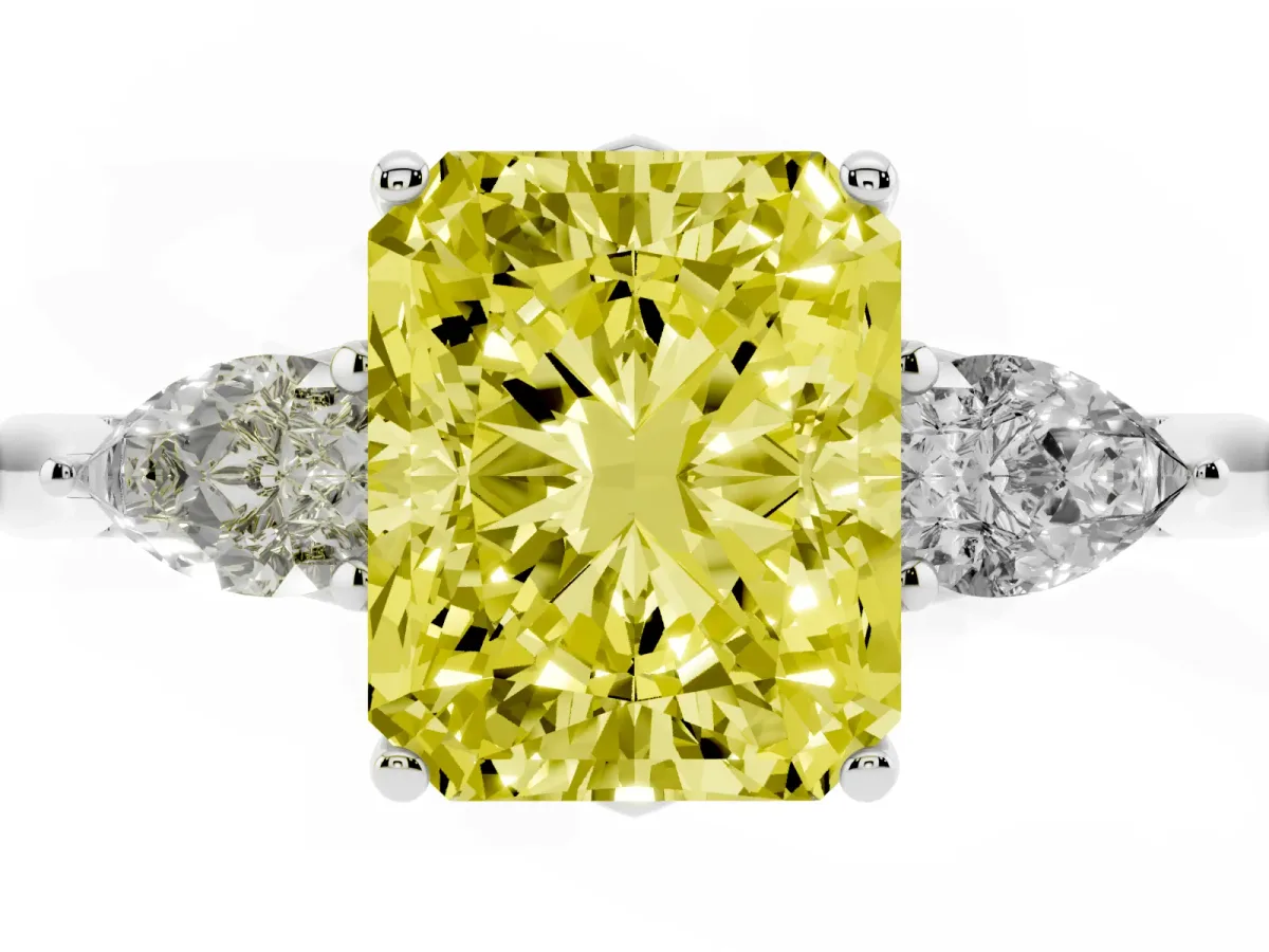 Fancy Yellow Three-Stone Radiant Cut Diamond Ring with Pear Side Stones in Four-Prong Setting Silver