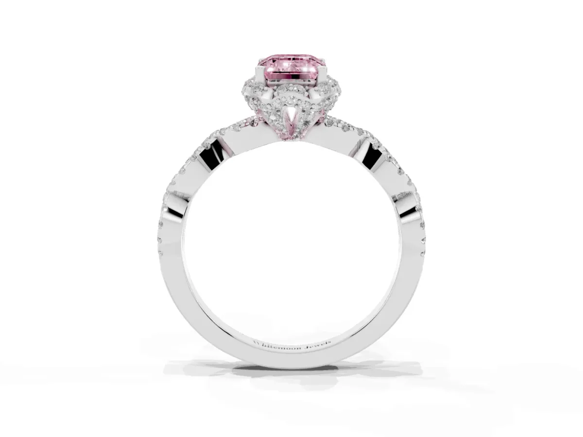 Fancy Pink Emerald Cut Halo Twist Band Solitaire Ring with Six-Prong Setting Silver